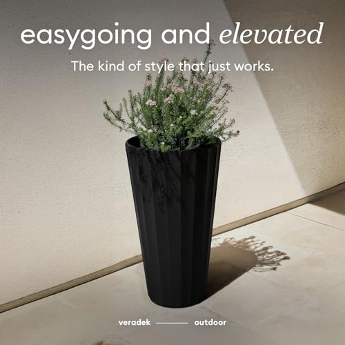 Veradek Column Series Tall Planter - Tapered Outdoor Planter with Shelf - color: Black, style: Wide Groove - 2 Pack