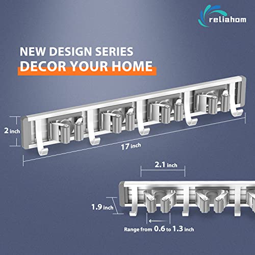 reliahom Broom Holder Wall Mount Mop Hanger Tools organizer 4Racks 5Hooks - color: Silver