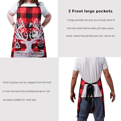 Plus Size Adjustable Bib Apron Water Resistant Canvas Extra Wide Long Ties Aprons with 2 Pockets Kitchen Cooking Gardening - color: Christmas Reindeer on Red-black Plaid