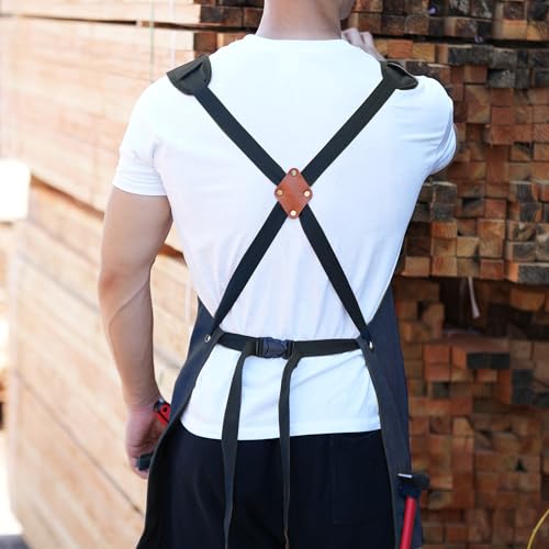 Tosewever Work Aprons for Men with Large Pockets, Canvas Cross Back Heavy Duty Adjustable Tool Aprons for Chef Cooking BBQ - color: Blue