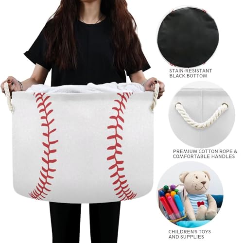 Baseball Print Round Storage Basket Collapsible with Handle - color: White Red