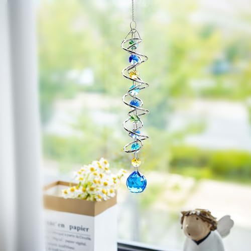 20.5in Sea Blue Crystal Gazing Ball Spiral Wind Spinner Suncatcher - color: Silver With Blue Ball Drop Prism