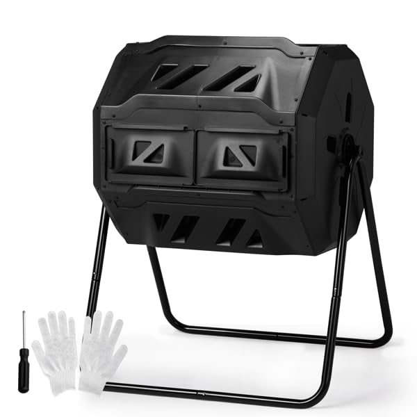 42-Gal Dual Chamber Compost Tumbler Outdoor, 360° Rotating Compost Bin with Steel Frame, Aeration System & 2 Sliding Doors for Kitchen, Garden, Yard - Black