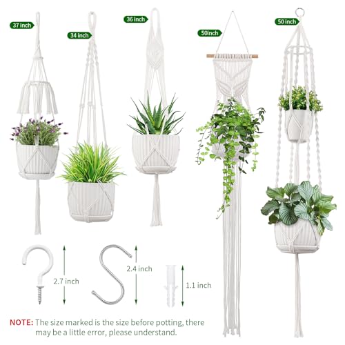 Macrame Plant Hangers 5Pack, Handmade Cotton Rope Hanging Planters - color: White