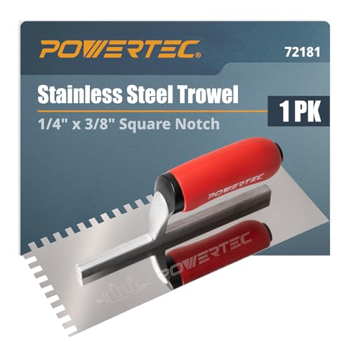 POWERTEC Square Notch Trowel - 1/4" x 3/8" Stainless Steel Square-Notch Tile Trowel with Soft Grip Handle for Thinset Mortar, Mastic & Tile Installation Work (72781) - style: 1/4" x 1/4" Square Notch