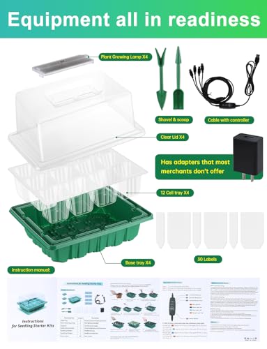 Seed Starter Tray Medium Size 4 Packs, Seed Starter Kit with Upgraded 24 Full Spectrum LEDs, Adjustable Brightness and Timer, with Drainage Holes, Tools and Labels for Indoor Plant Growing - size: M×4 without heat mat
