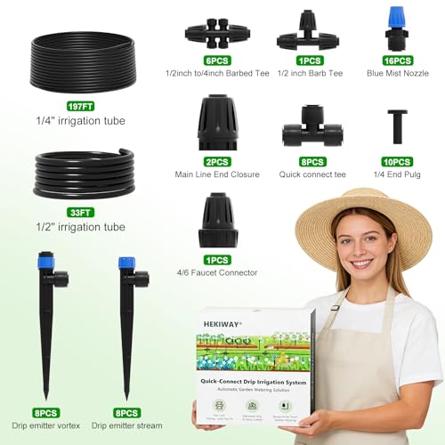 2026 Upgrade 230FT Quick-Connect Drip Irrigation System Kit with 1/4” & 1/2” Fast-Lock Tubing, Adjustable Emitters & Sprinklers for Garden & Greenhouse - size: 230 FT