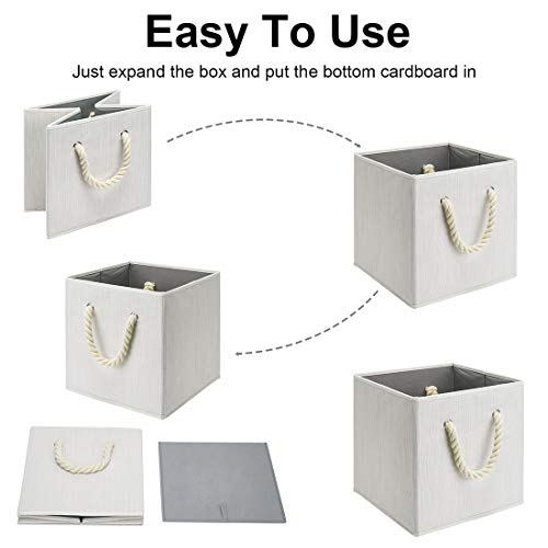 Foldable Storage Cube Bins Beige-White Bamboo Fabric Collapsible Resistant Basket Box Organizer with Cotton Rope Handle for Home Office and Nursery 10.5x10.5x11 inch