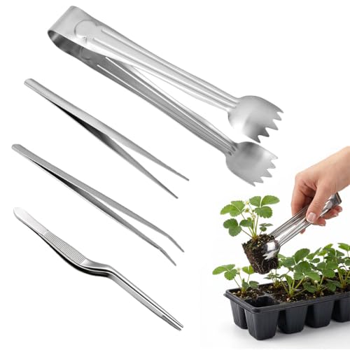 4Pcs Stainless Steel Seedling Gardening Tweezers & Clip, Long Thin Plant Transplanter for Succulent Bonsai Cactus, Seed Planting Tool for Indoor Outdoor Root Lowering Damage, Silver