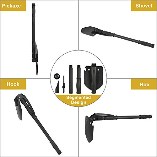 Survival Shovel, (28.3'') Camping Folding Shovel, Military Spade Multitool, Tactical Trench Tool, with Pickaxe, Compass, Whistle, Molle Bag for Digging, Metal-Detecting, Off Roading, Emergency - size: 28.3''