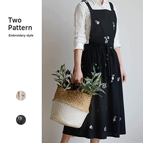Cotton Pleated Apron Retro Waterdrop Proof Garden Cleaning Pinafore Dress - color: Floral Black