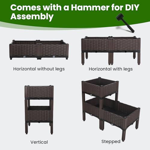 4Pcs Plastic Raised Garden Bed,62.4"×15.6"×14.4" Elevated Wicker Planter Box with Self-Watering System, Plants Garden Boxes with Legs for Growing Fresh Vegetables,Fruit,Flowers and Herbs - size: 4 Boxes-62.4×15.6×14.4in