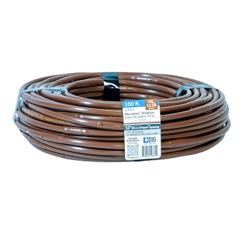 DIG ML-112B ¼” 100’ MICROLINE™ Dripline, 12” Dual Outlet Emitter Spacing, UV-Resistant Tubing for Efficient Irrigation | Ideal for Raised Beds | Flexible, Durable, Easy Installation (Brown) - size: 100',¼" MICROLINE Dripline - 12” Spacing