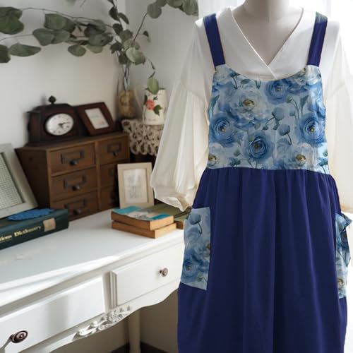 Cotton Linen Apron Cross Back Apron for Women with Pockets Pinafore Dress - color: Flora Navy Blue