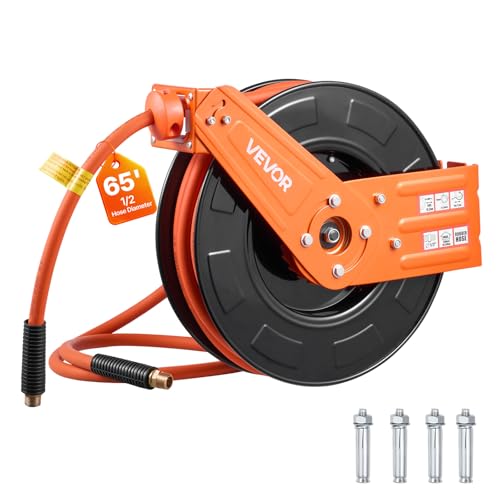 VEVOR Retractable Air Hose Reel, 1/2 Inch x 65 FT Rubber Air Hose Max 300PSI, Auto Rewind Air-Compressor Hoses Reel with 5 ft Lead in, Ceiling/Wall Mount for Garage Workshops - size: 1/2 in x 65 ft