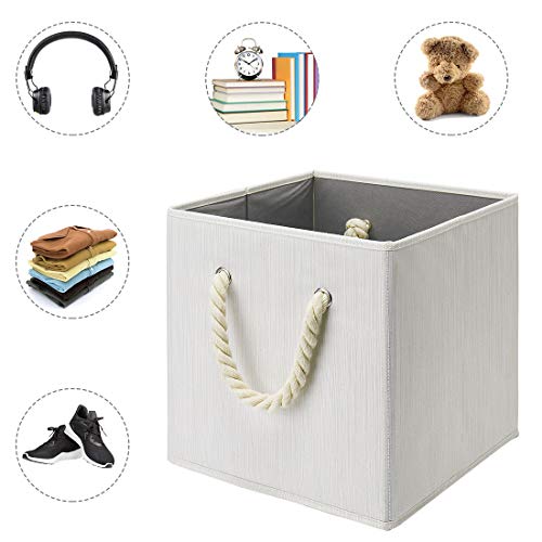 Foldable Storage Cube Bins Beige-White Bamboo Fabric Collapsible Resistant Basket Box Organizer with Cotton Rope Handle for Home Office and Nursery 10.5x10.5x11 inch