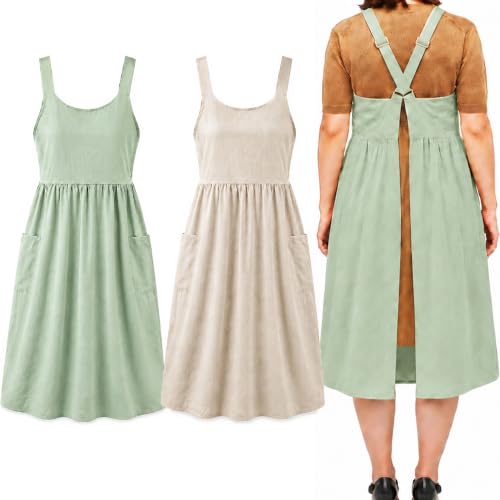 Cotton Linen Apron Cross Back Apron for Women with Pockets Pinafore Dress - color: 2 Pack-beige+light Green