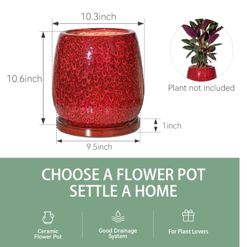 10.3 Inch Ceramic Glaze Plant Pot with Saucer, Flower Pots with Drainage Hole Mesh Net (Spot Red) - color: Spot Red