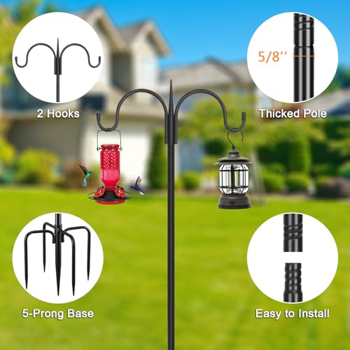 FEED GARDEN Small Shepherds Hook 63" Double Hooks Adjustable (47/63") - Alloy Steel 5-Prong Base, 12lb Capacity - Easy Assembly Bird Feeder Pole for Hanging Planters, Lanterns, Wind Chimes - size: 63 Inch