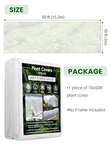Plant Covers Freeze Protection, 10 ft x 50 ft 1.0 oz/yd² Reusable Frost Protection Floating Row Cover, Frost Blankets for Plants, Frost Cloth for Cold Weather Snow, Winter Frost Pests Protection - size: 10 ft x 50ft