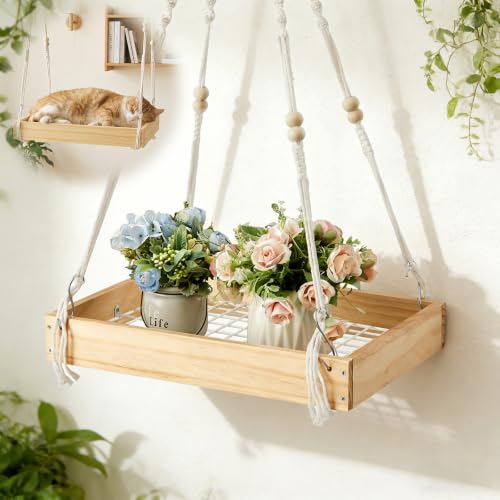 Novabright 1 Pcs Window Hanging Plant Shelf with Macrame Adjustable Rope, 16" Large Wooden Plant Hanger Indoor with Metal Frame, Load 50lb, Suit for Window Ceiling Wall Mount Boho Decor