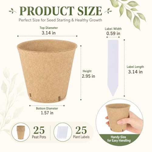 Peat Pots for Seedlings - 25 Pack Seed Starting Pots with Drainage Holes