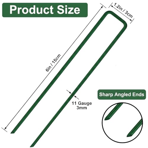50pcs Green Landscape Staples Heavy Duty 6 Inch 11 Gauge, Lawn Stakes Pins with Coating, Rust Resistant, Blends into Grass for Artificial Turf, Weed Barrier, Pet Fence, Outdoor Decor