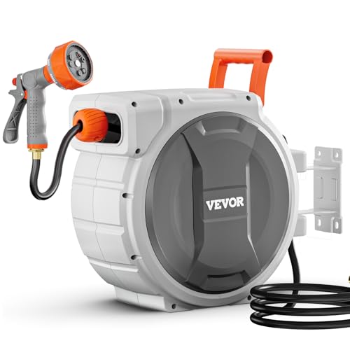 VEVOR Retractable Garden Hose Reel, 1/2 Inch x 145 ft Wall Mounted Hose Reel, Heavy Duty Garden Hose Reel with 9 Patterns Nozzle, Any Length Lock, Upgraded Slow Return System and 180°Swivel Bracket - size: 1/2 in x 145 ft