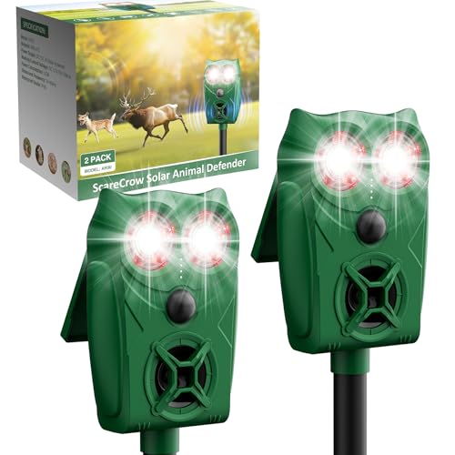 Solar Ultrasonic Animal Repellent with Motion Sensor - Waterproof Deer Repellent Device with LED Lights for Yard, Effective Against Deer, Coyotes, Raccoons & Cats