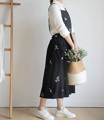 Cotton Pleated Apron Retro Waterdrop Proof Garden Cleaning Pinafore Dress - color: Floral Black