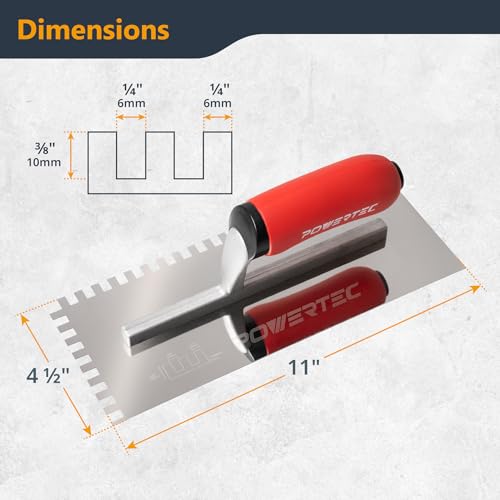 POWERTEC Square Notch Trowel - 1/4" x 3/8" Stainless Steel Square-Notch Tile Trowel with Soft Grip Handle for Thinset Mortar, Mastic & Tile Installation Work (72781) - style: 1/4" x 1/4" Square Notch