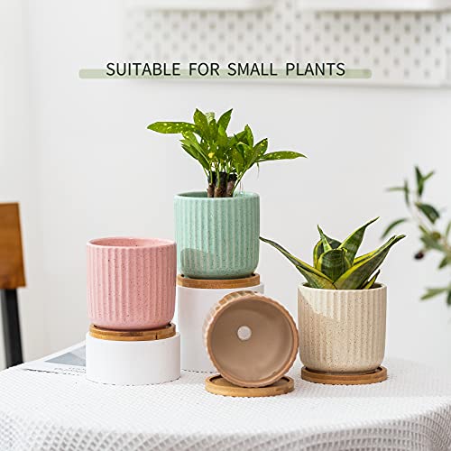 4 Inch Ceramic Multicolor Pots with Saucer and Drainage Hole, 4P - color: Stripe Multicolor