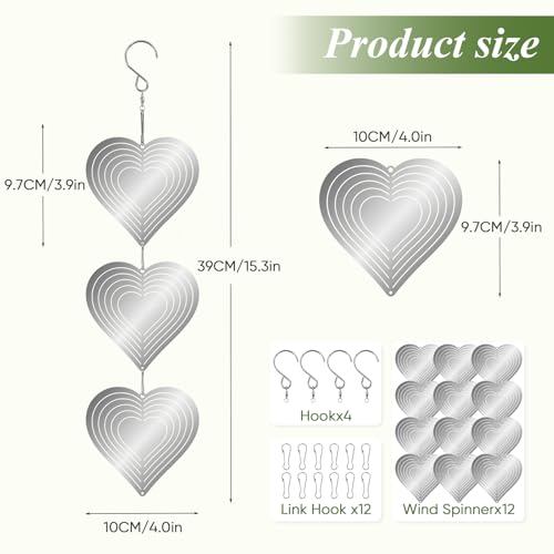 Reflective Wind Spinners for Outdoors, 12 PCS Stainless Steel Bird Control Discs with 360° Swivel Hooks, Humane 3D Hanging Ornament for Garden, Patio, Balcony & Orchard
