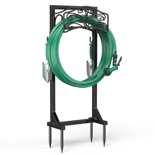 Sunvigor Freestanding Garden Hose Holder Stand, Heavy Duty Hose Reel Alternative with 2 Tool Hooks, Holds 150FT Water Hose, 4-Spike Stable Base, No-Drill Hose Storage for Outside Yard Lawn Garden - color: Black-butterfly Style With Hooks