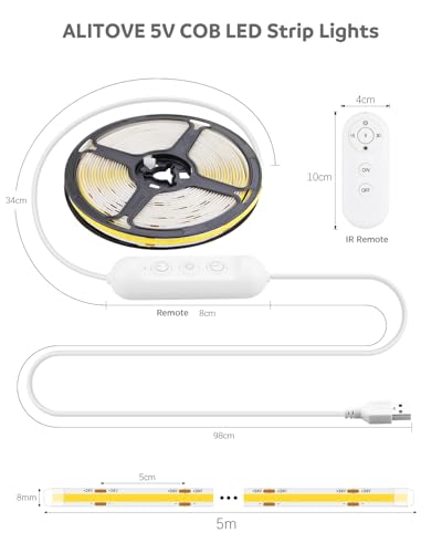 ALITOVE USB LED Strip Light 5V 6000K White COB LED Lights with Remote - color: 6000K Cold White, size: 16.4FT
