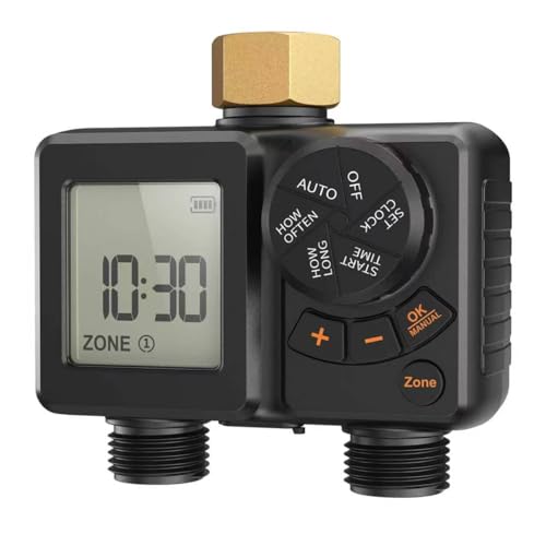 Sprinkler Timer 2 Zone,Water Timer for Garden Hose with Lithium Battery Hose Timers with Brass Inlet, Delay/Manual/Automatic Sprinkler Controller for Yard, Lawn,Garden IPX6 Waterproof