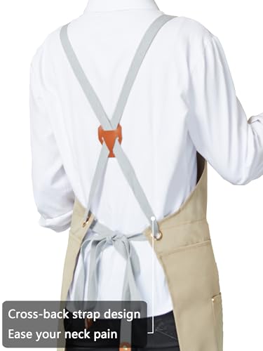 KITCHIEF Pottery Apron Split Leg,Cross Back Chef Apron with Pockets,Painting Apron with Adjustable Straps for Cooking,Baking,BBQ,Ceramic,Gardening(Khaki) - color: Khaki