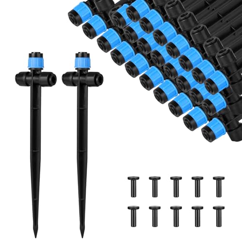 25 Pcs Drip Irrigation Emitters with Stake - Adjustable Vortex Dripper for 1/4" Drip Line Tubing - Garden Watering System Sprinkler Heads - Blue - style: 25 Pcs Blue Double Hole Drip Emitters Vortex