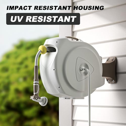 Retractable Garden Hose Reel, 1/2 in 75+6ft, Heavy Duty Wall Mounted Water Hose Reel, Spring power Automatic Rewind, Any Length Lock, 180° Swivel Bracket, 10 Pattern Spray Nozzle - size: 1/2“ 75FT
