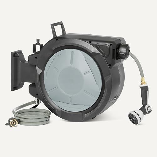 Amazon Basics Retractable Garden Hose Reel, 65 Foot, Wall Mounted, 10-Pattern Spray Nozzle, 180° Swivel Bracket - size: 65ft