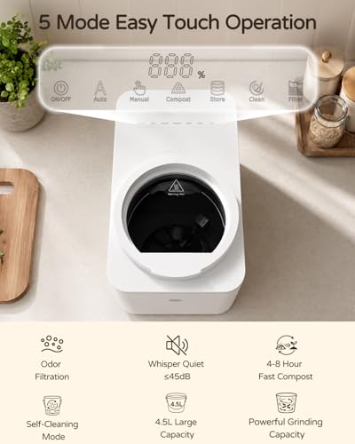 Odorless Electric Kitchen Composter 4.5L, Quiet ≤45dB for Home