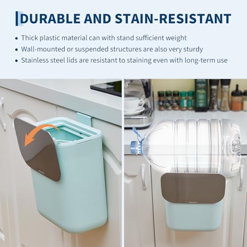 2.38 Gallon / 9 Liter Compost Bin Hanging Trash Can Stainless Steel Garbage Can with Stainless Steel Lid and Hanging Hook, for Kitchen、Bathroom& Offices, Green - color: Green, size: Large