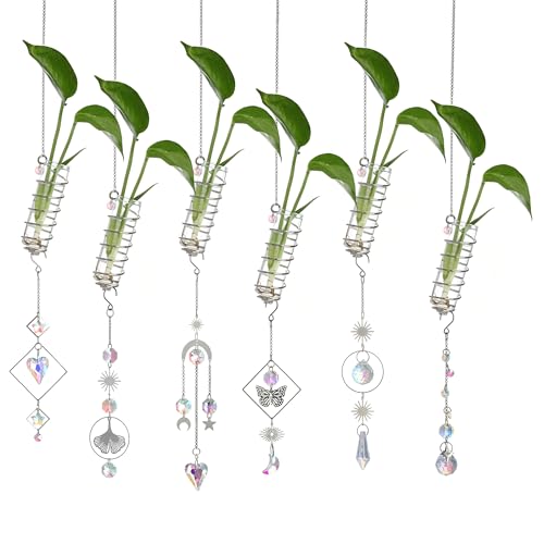 6Pcs Wall Hanging Glass Propagation Station with Crystal Planter Suncatcher - color: Silver-2