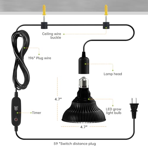 Hanging Grow Lights for Indoor Plants, 25W 5000K, LED Light Bulbs - color: Black