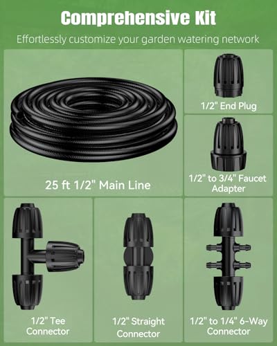 Pawfly 25 ft 1/2 Inch Drip Irrigation Tubing Main Tube, 1/2 Irrigation Tubing for Garden Irrigation System, Flexible PVC Main Line with 5 Barbed Locked Drip Irrigation Parts, 1/2" Drip Irrigation - size: 25 FT 1/2" Main Tubing with 5 Connectors