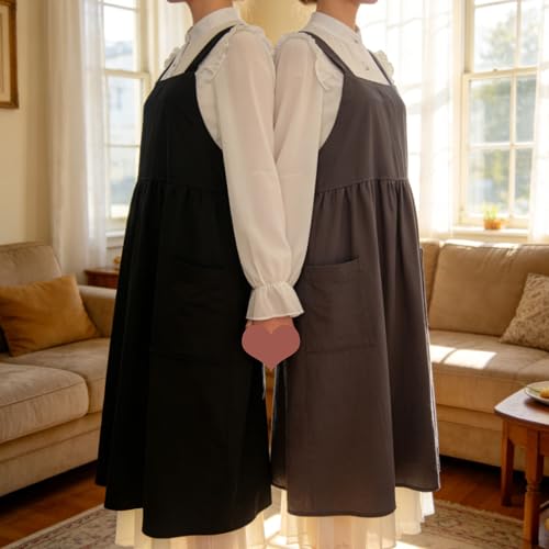 Cotton Linen Apron Cross Back Apron for Women with Pockets Pinafore Dress - color: 2 Pack-black+gray