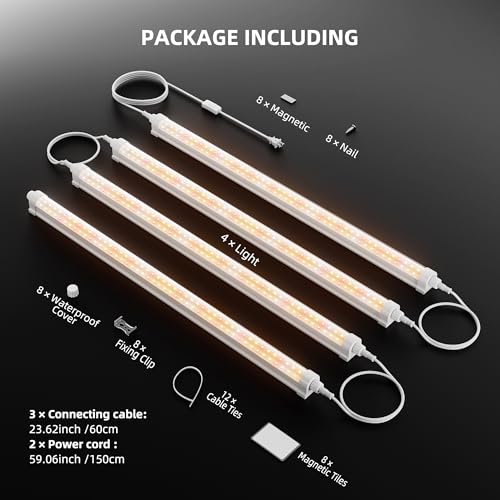 Spider Farmer 2FT T5 LED Grow Lights for Indoor Plants, 5000K 3000K 660nm Full Spectrum 80W (4x20W), IP65 Waterproof Linkable LED Plant Light Strips, 4-Pack for Seed Starting Hydroponics - size: 80W, Standard