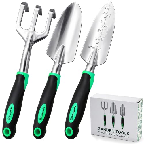 Bloomix Set of 3 Stainless Steel Gardening Tool Set – Hand Cultivator, Transplanter & Trowel with Soft-Grip Ergonomic Handles – Durable Garden Kit for Digging, Planting and Soil Care Green & Silver - color: Green & Silver