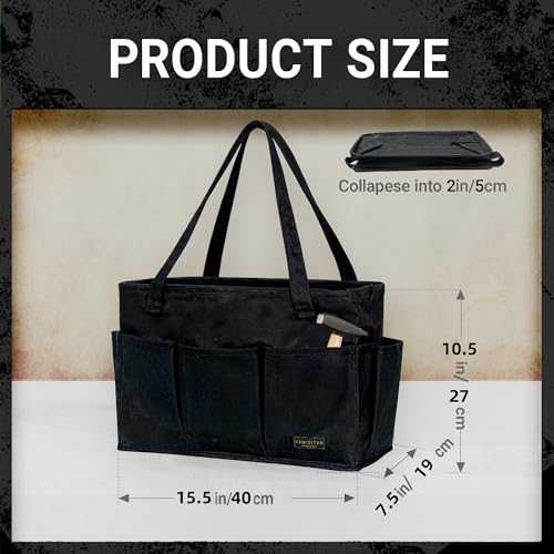 Tool Pouch, Heavy Duty 16oz Waxed Canvas Tool Bag, Rectangle Foldable Open Top Tool Bags with Handles, 10 Pockets | 15.5 x 7.5 x 10.5 Inches - color: Black, size: 15.5 Inch