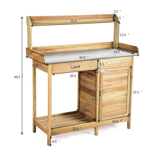 44-Inch Wooden Potting Bench with Galvanized Metal Tabletop, Garden Workbench with Storage Cabinet, Drawer, Hooks, Waterproof Surface for Greenhouse, Patio